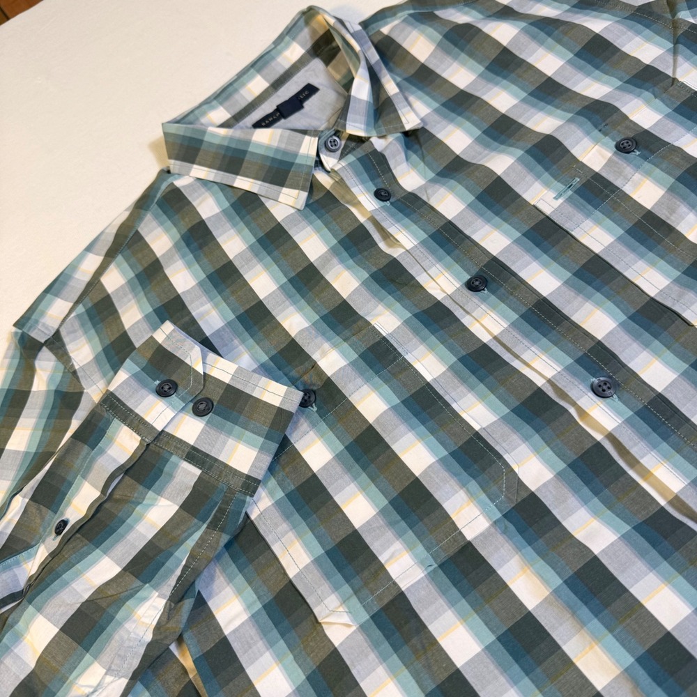 Banana Republic Button Down Shirt XL Teal Green Plaid Long Sleeve Cotton Mens‎
